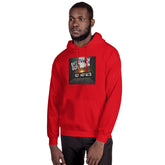 Red pullover hoodie with hood, kangaroo pocket, square chest graphic print.