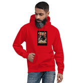 Unisex red hoodie with hood, front kangaroo pocket, and chest graphic print