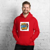 Red unisex hoodie with hood, front pouch pocket, and chest graphic print.