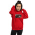 Red unisex pullover hoodie with hood and kangaroo pocket, chest graphic