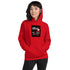 Unisex pullover hoodie, red, front graphic and drawstring hood