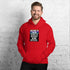 Unisex red pullover hoodie with hood and front square graphic, kangaroo pocket