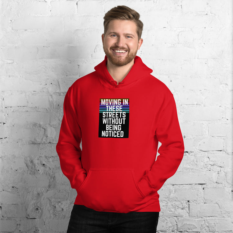 Unisex red pullover hoodie with hood and front square graphic, kangaroo pocket