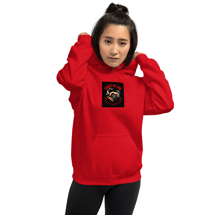 Red unisex hoodie with front pocket and square chest graphic