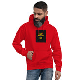Red unisex hoodie with hood, front pocket, and chest logo graphic