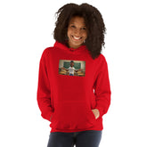 Unisex red hoodie with hood and kangaroo pocket, chest graphic