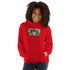 Unisex red hoodie with hood and kangaroo pocket, chest graphic