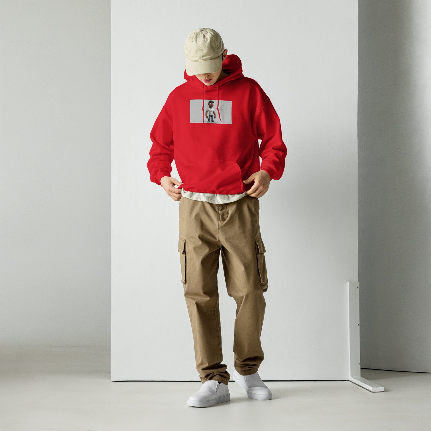 Red unisex hoodie with hood and kangaroo pocket, front graphic