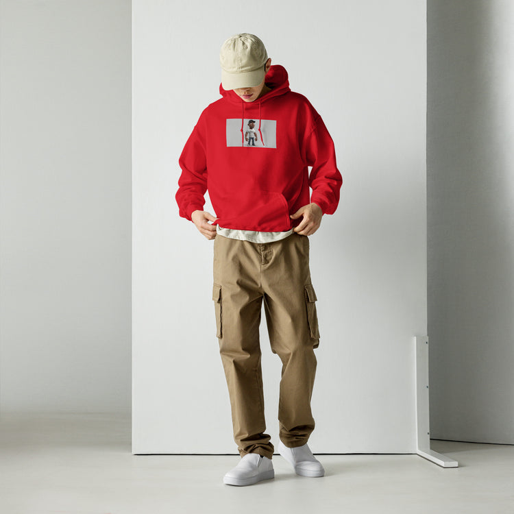 Red unisex pullover hoodie with front pouch and chest graphic print, hood up
