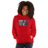 Red unisex hoodie with hood, front pouch pocket, and chest graphic.