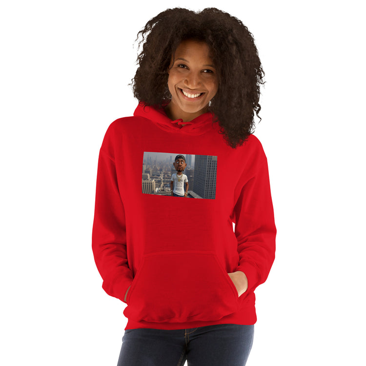 Red unisex hoodie with hood, front pouch pocket, and chest graphic.