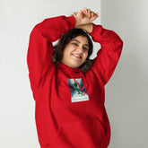 Red unisex hoodie with chest graphic, hood with drawstrings, and front pouch pocket