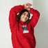 Red unisex hoodie with chest graphic, hood with drawstrings, and front pouch pocket
