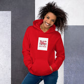 Red unisex hoodie with hood, front pocket, and square chest graphic patch