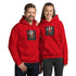 Unisex hoodie in red with front logo graphic, pullover hood, and kangaroo pocket