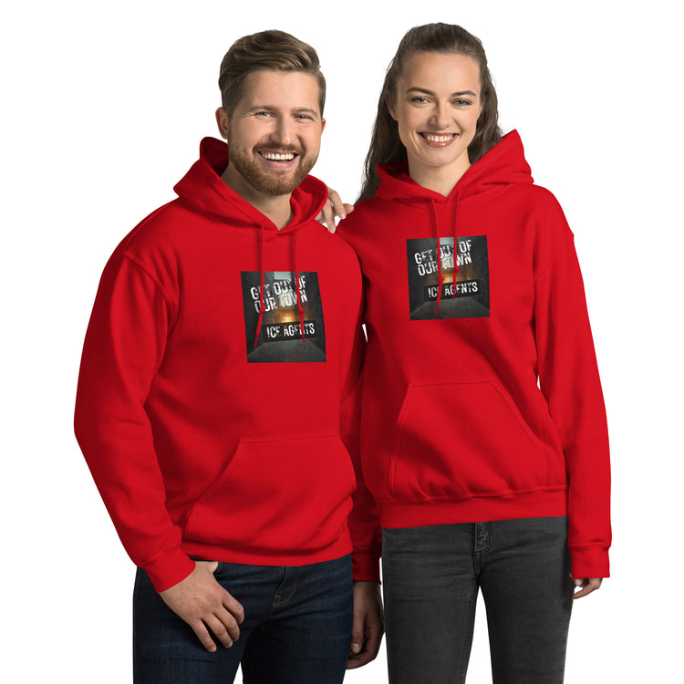 Unisex hoodie in red with front logo graphic, pullover hood, and kangaroo pocket