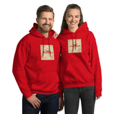 Red unisex hoodie with front pocket and hood, graphic chest print
