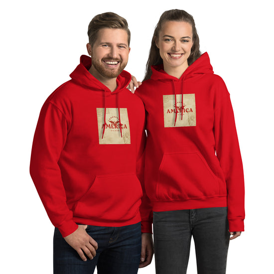 Red unisex hoodie with front pocket and hood, graphic chest print