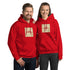 Red unisex hoodie with front pocket and hood, graphic chest print