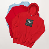 Red hoodie with front LYRIC graphic, hood up and front pocket