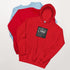 Red hoodie with front LYRIC graphic, hood up and front pocket