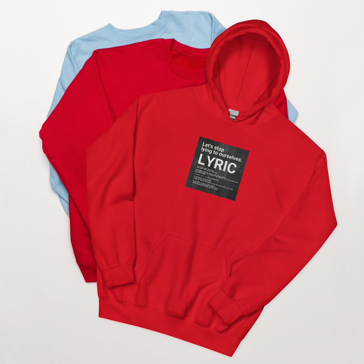 Red hoodie with front LYRIC graphic, hood up and front pocket