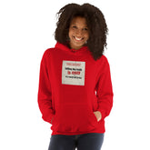 Red hoodie with chest graphic patch and kangaroo pocket, pullover hooded design