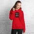 Unisex red hoodie with hood, front chest graphic, and kangaroo pocket