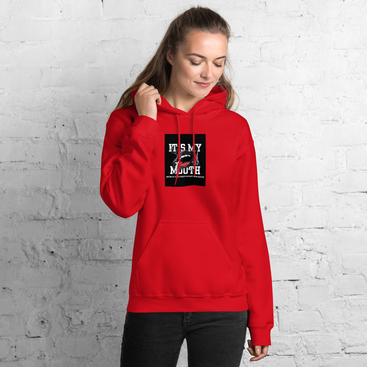 Unisex red hoodie with hood, front chest graphic, and kangaroo pocket