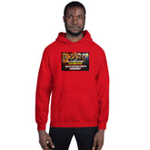 Red unisex hoodie with front graphic, hood, and ribbed cuffs