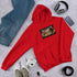Unisex red hoodie with chest graphic and front kangaroo pocket
