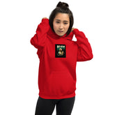 Red unisex hoodie with chest graphic and front pocket