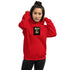 Red unisex hoodie with chest graphic and front pocket
