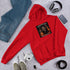 Unisex hoodie in Red with pullover hood and bold chest graphic print