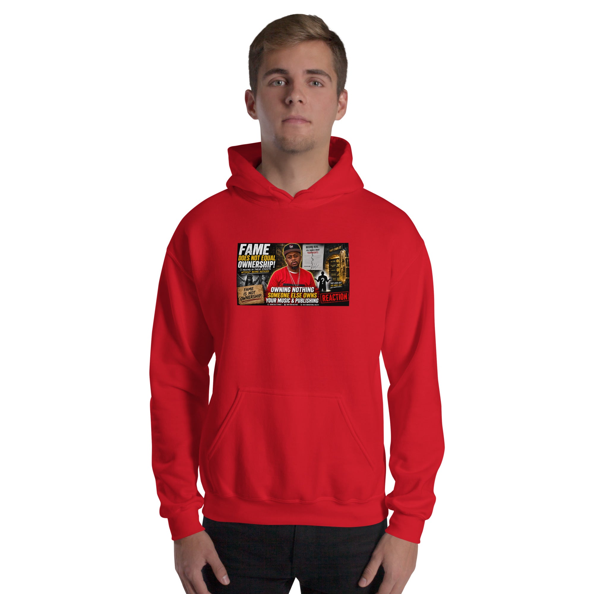 Red unisex hoodie with hood, kangaroo pocket, and chest graphic print