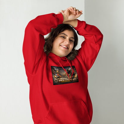 Red pullover hoodie with hood, front pocket, and colorful street graphic on chest