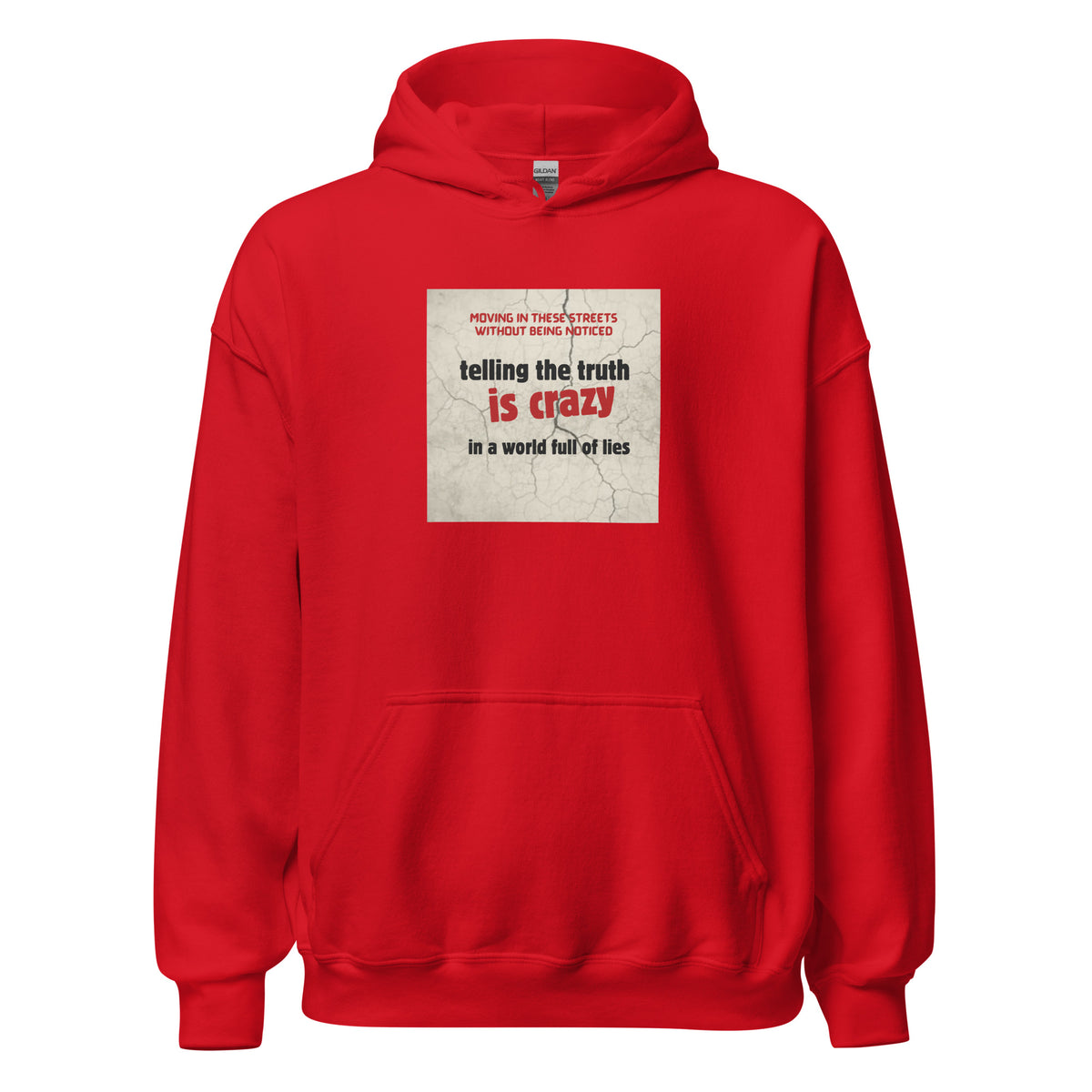 Red unisex pullover hoodie with hood, front pouch pocket, and center graphic text print