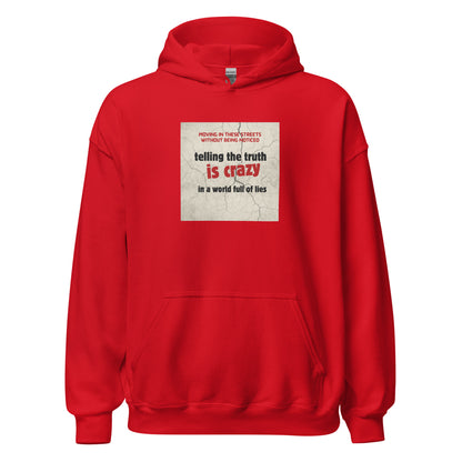 Red unisex pullover hoodie with hood, front pouch pocket, and center graphic text print