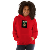 Red pullover hoodie with hood and front chest graphic print.