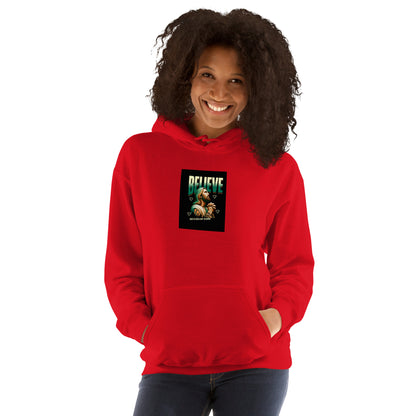 Red pullover hoodie with hood and front chest graphic print.