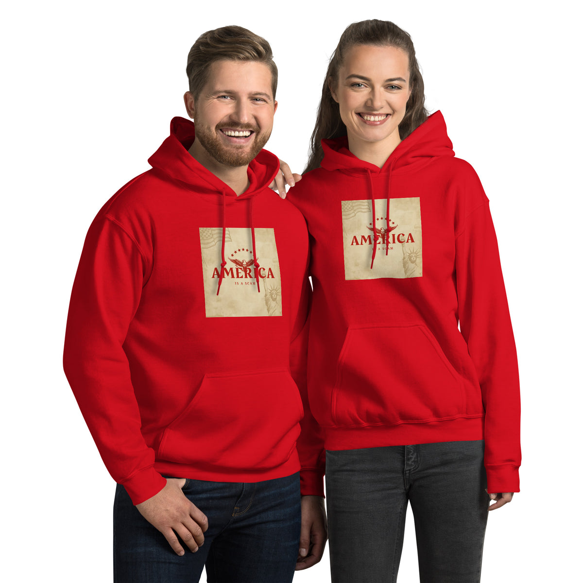 Unisex red streetwear hoodie with front “AMERICA” graphic print, kangaroo pocket.