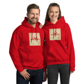 Unisex red streetwear hoodie with front “AMERICA” graphic print, kangaroo pocket.