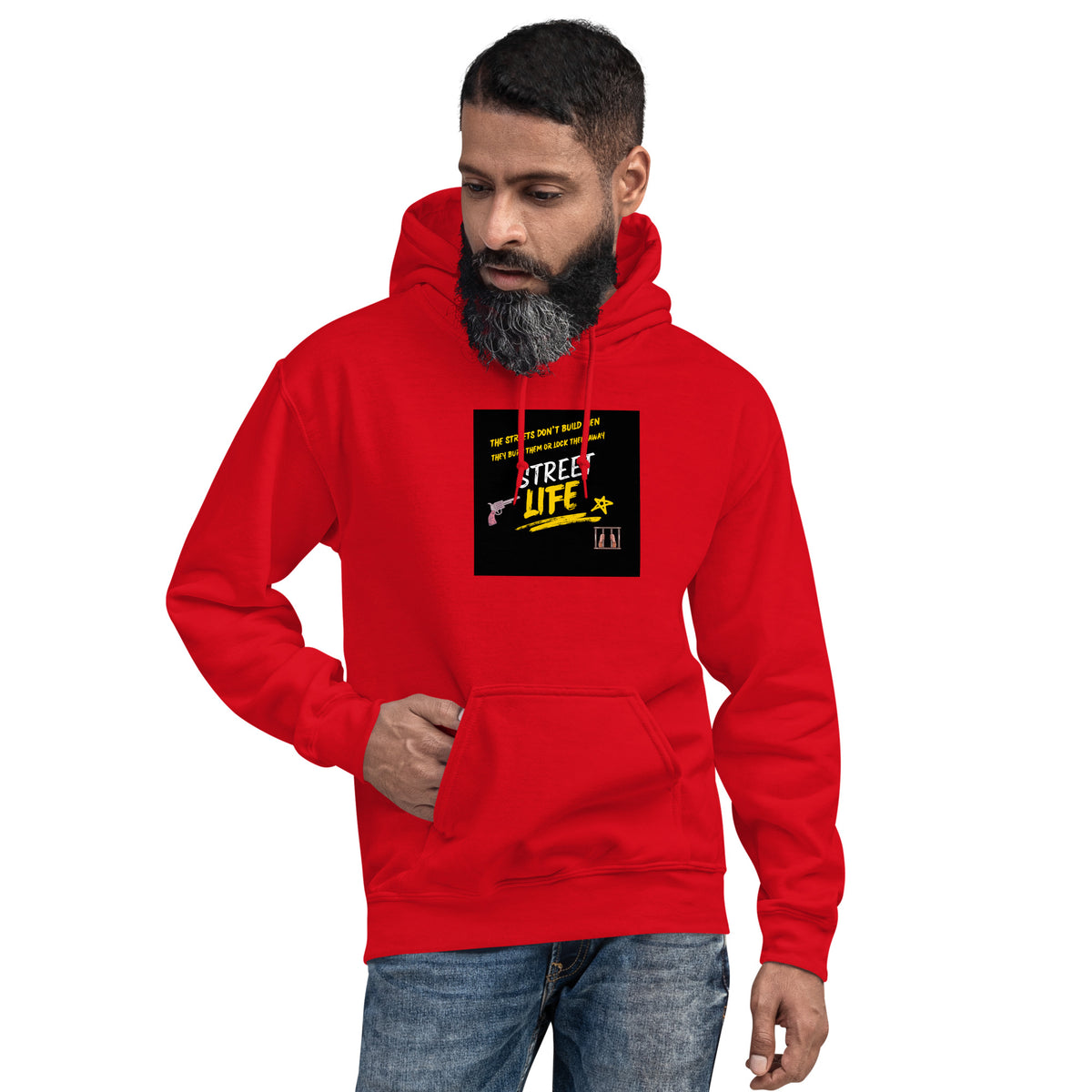 Red unisex pullover hoodie with hood, kangaroo pocket, and front graphic patch