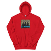 Red pullover hoodie with front graphic logo print and kangaroo pocket