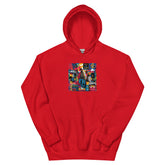 Red pullover hoodie with colorful square graphic on the chest