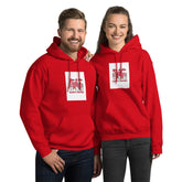 Red pullover hoodie with hood and front pocket, square chest graphic print.
