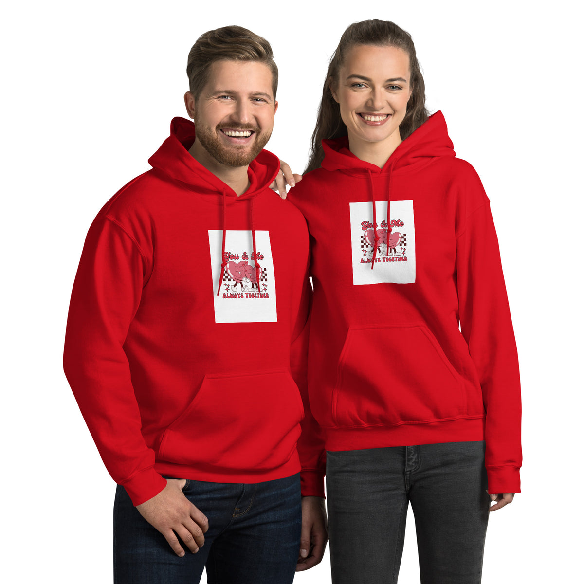 Red pullover hoodie with hood and front pocket, square chest graphic print.