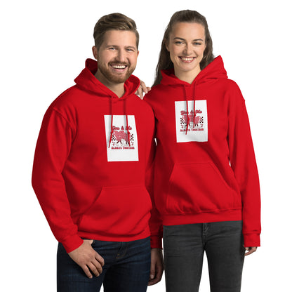 Red pullover hoodie with hood and front pocket, square chest graphic print.