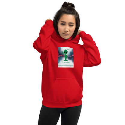 Red pullover hoodie with hood, kangaroo pocket, and chest square graphic