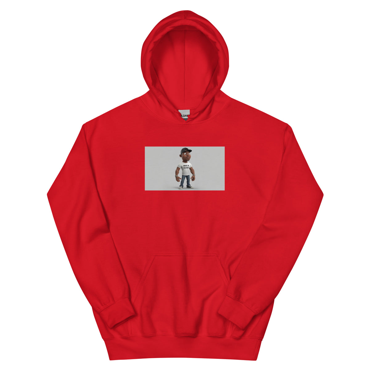 Red unisex pullover hoodie with centered graphic print and kangaroo pocket